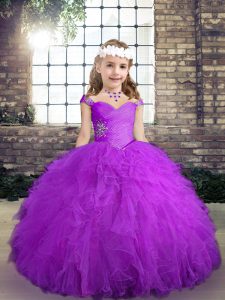 Purple Little Girls Pageant Gowns Party and Wedding Party with Beading and Ruffles Straps Sleeveless Lace Up