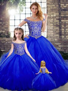 Chic Off The Shoulder Sleeveless Lace Up Sweet 16 Dress Royal Blue Tulle