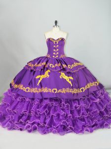 Hot Selling Purple Sweetheart Lace Up Embroidery and Ruffled Layers 15 Quinceanera Dress Brush Train Sleeveless