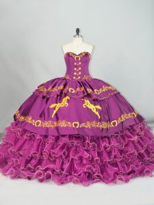 Purple Satin and Organza Lace Up Sweetheart Sleeveless Sweet 16 Quinceanera Dress Brush Train Embroidery and Ruffles