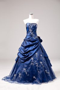 Popular Blue Ball Gowns Embroidery and Hand Made Flower 15th Birthday Dress Lace Up Sleeveless Floor Length