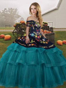 Eye-catching Teal Tulle Lace Up Sweet 16 Quinceanera Dress Sleeveless Brush Train Embroidery and Ruffled Layers