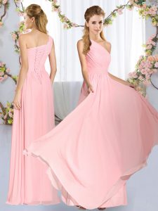 Designer Empire Dama Dress Baby Pink One Shoulder Chiffon Sleeveless Floor Length Lace Up