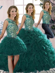 Stunning Peacock Green Sleeveless Floor Length Beading and Ruffles Lace Up Quinceanera Dress