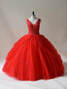 Spectacular Red Ball Gowns Tulle V-neck Sleeveless Beading Floor Length Zipper Quinceanera Dresses