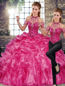 Attractive Halter Top Sleeveless Lace Up Ball Gown Prom Dress Fuchsia Organza