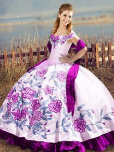 New Arrival Purple Ball Gowns Satin and Organza Off The Shoulder Sleeveless Embroidery Floor Length Lace Up Quinceanera Gowns
