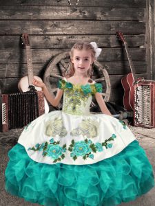 Enchanting Off The Shoulder Sleeveless Lace Up Winning Pageant Gowns Turquoise Organza