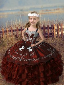 Straps Sleeveless Child Pageant Dress Floor Length Embroidery and Ruffled Layers Rust Red Organza