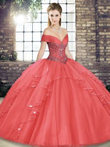 Watermelon Red Ball Gowns Beading and Ruffles Quinceanera Gown Lace Up Tulle Sleeveless Floor Length
