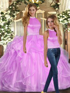 Lilac Backless Quinceanera Gowns Beading and Ruffles Sleeveless Floor Length