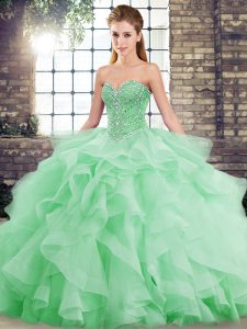 Affordable Green Ball Gowns Beading and Ruffles Ball Gown Prom Dress Lace Up Tulle Sleeveless