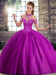 Purple Sleeveless Tulle Brush Train Lace Up Quinceanera Dress for Military Ball and Sweet 16 and Quinceanera