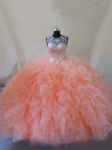 Glorious Peach Quinceanera Gown Tulle Court Train Sleeveless Beading and Ruffles