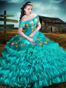 New Style Turquoise Ball Gowns Off The Shoulder Sleeveless Organza Floor Length Lace Up Embroidery and Ruffles Quinceanera Dress