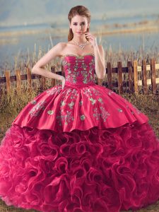 Sweetheart Sleeveless Lace Up Quinceanera Gowns Coral Red Fabric With Rolling Flowers