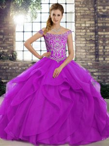 Purple Ball Gowns Tulle Off The Shoulder Sleeveless Beading and Ruffles Lace Up Quinceanera Gown Brush Train