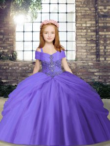 Lavender Ball Gowns Spaghetti Straps Sleeveless Tulle Floor Length Lace Up Beading Little Girl Pageant Dress