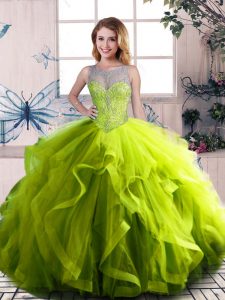 Flirting Floor Length Olive Green Ball Gown Prom Dress Tulle Sleeveless Beading and Ruffles