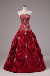Wine Red Quince Ball Gowns Sweet 16 and Quinceanera with Embroidery and Pick Ups Strapless Sleeveless Lace Up