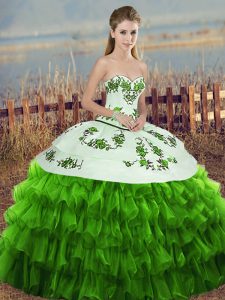 Green Quinceanera Gowns Military Ball and Sweet 16 and Quinceanera with Embroidery and Ruffled Layers and Bowknot Sweetheart Sleeveless Lace Up