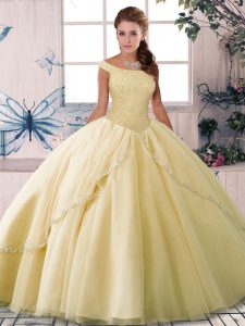 Pretty Yellow Tulle Lace Up Quinceanera Gown Sleeveless Brush Train Beading