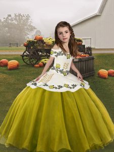 Straps Sleeveless Girls Pageant Dresses Floor Length Embroidery Olive Green Organza