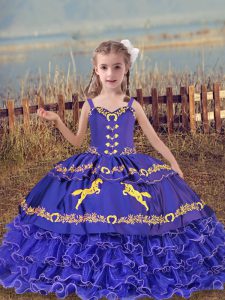Amazing Blue Lace Up Little Girls Pageant Dress Beading and Embroidery and Ruffled Layers Sleeveless Floor Length