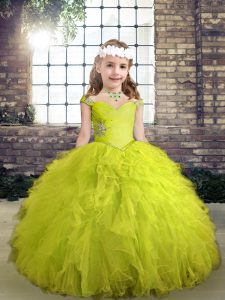 New Arrival Floor Length Yellow Green Kids Formal Wear Tulle Sleeveless Beading and Ruffles