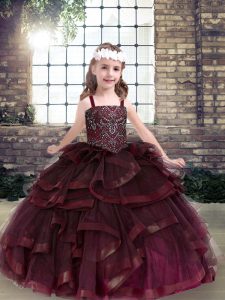 Admirable Burgundy Tulle Lace Up Straps Sleeveless Floor Length Pageant Dress for Teens Beading and Ruffles