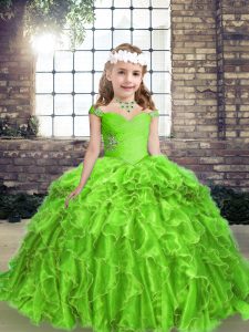 Fashion Sleeveless Floor Length Beading and Ruffles Lace Up Little Girls Pageant Dress Wholesale