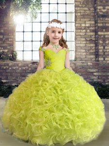 Elegant Straps Sleeveless Kids Formal Wear Floor Length Beading and Ruffles Yellow Green Fabric With Rolling Flowers