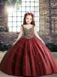 Red Straps Lace Up Beading Girls Pageant Dresses Sleeveless