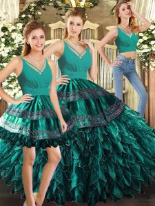 Charming Organza V-neck Sleeveless Backless Appliques and Ruffles Military Ball Gown in Turquoise