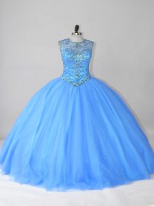 Floor Length Blue Quinceanera Gowns Scoop Sleeveless Lace Up