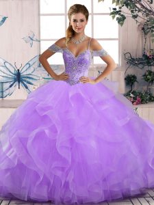 Lavender Ball Gowns Off The Shoulder Sleeveless Tulle Floor Length Lace Up Beading and Ruffles Sweet 16 Quinceanera Dress
