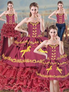 Burgundy Quince Ball Gowns Sweetheart Sleeveless Brush Train Lace Up