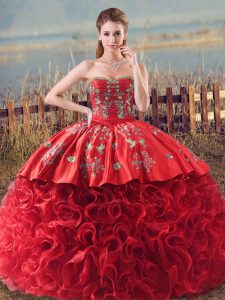 Modest Sweetheart Sleeveless Fabric With Rolling Flowers Quinceanera Dress Embroidery and Ruffles Brush Train Lace Up