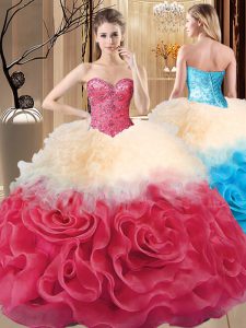Clearance Red Ball Gowns Fabric With Rolling Flowers Sweetheart Sleeveless Beading and Ruffles Floor Length Lace Up Quince Ball Gowns