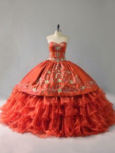 Charming Orange Red Ball Gowns Sweetheart Sleeveless Satin and Organza Floor Length Lace Up Embroidery and Ruffles Quinceanera Dresses