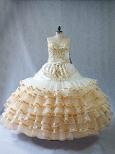 Embroidery and Ruffled Layers Vestidos de Quinceanera Champagne Lace Up Sleeveless Floor Length
