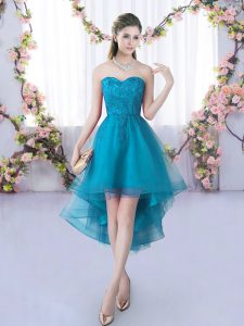 Sleeveless Tulle High Low Lace Up Quinceanera Dama Dress in Teal with Lace