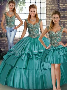Artistic Teal Straps Lace Up Beading and Ruffled Layers Quince Ball Gowns Sleeveless