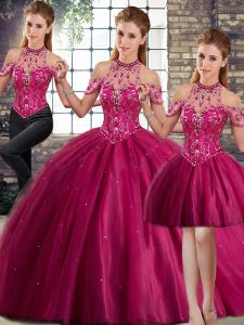 Tulle Halter Top Sleeveless Brush Train Lace Up Beading Quinceanera Gown in Fuchsia