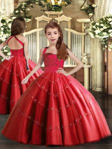 Unique Red Tulle Lace Up Pageant Gowns For Girls Sleeveless Floor Length Beading