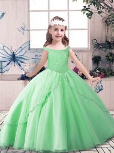 Off The Shoulder Sleeveless Pageant Dress for Womens Floor Length Beading Apple Green Tulle