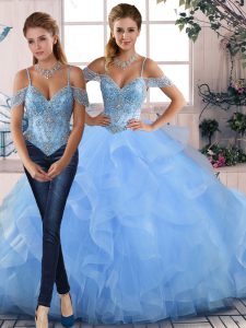 Custom Fit Blue Tulle Lace Up Sweet 16 Dresses Sleeveless Floor Length Beading and Ruffles