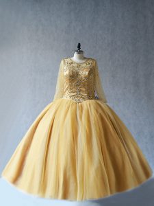 Custom Fit Scoop Sleeveless Sweet 16 Quinceanera Dress Floor Length Beading Gold Tulle