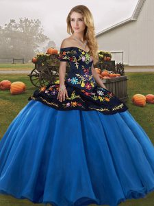 Clearance Floor Length Lace Up Sweet 16 Dresses Blue And Black for Military Ball and Sweet 16 and Quinceanera with Embroidery