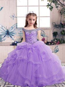Stunning Lavender Ball Gowns Beading and Ruffles Pageant Dress Wholesale Lace Up Tulle Sleeveless Floor Length